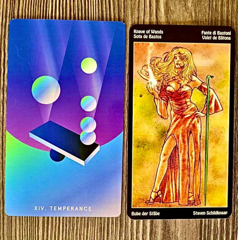 Temperance from the Mystic Mondays tarot and Knave of Wands from the Elemental tarot